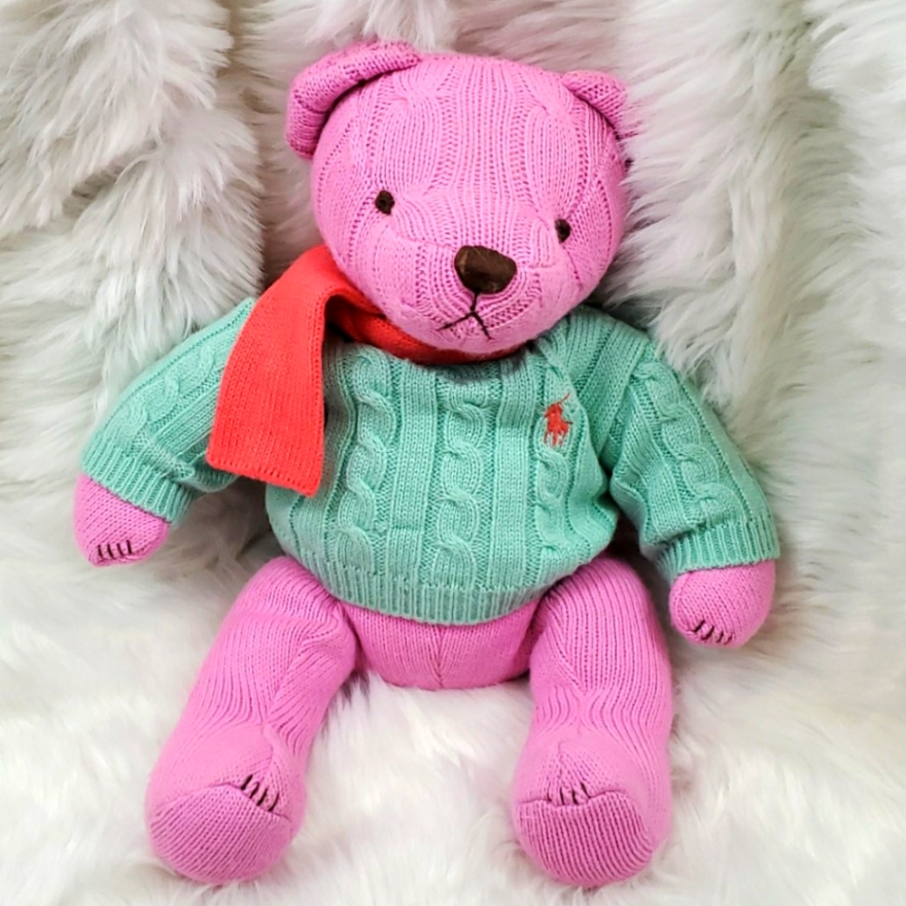 Vintage Polo Ralph Lauren knit crochet 15" plush bear pink green scarf